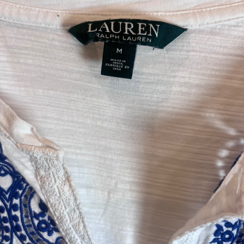 Lauren Ralph Lauren White Blue Embroidered Slub Cotton Tunic Top Drawstring Boho - Picture 4 of 6
